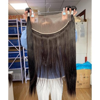 Three Straight Human Hair Bundles With 13X6 Frontal Closures