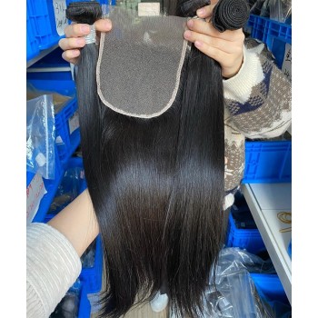Straight Human Hair Bundles With Lace Closure 4 Pieces/set