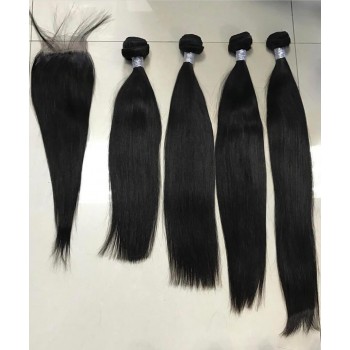 Straight Human Hair 4 Bundles With 4X4 Lace Closure