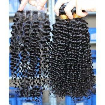 Two Kinky Curly Human Hair Bundles With Lace Closure