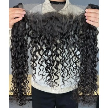 Two Water Wave Human Hair Bundles With Lace Frontal Closure